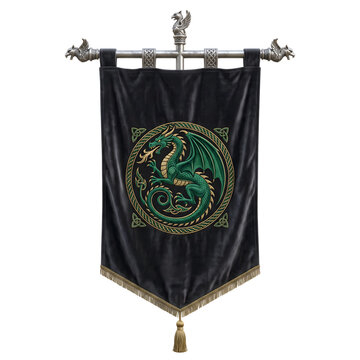 Medieval dragon banner on metal rod. Fantasy black flag with green dragon emblem isolated.