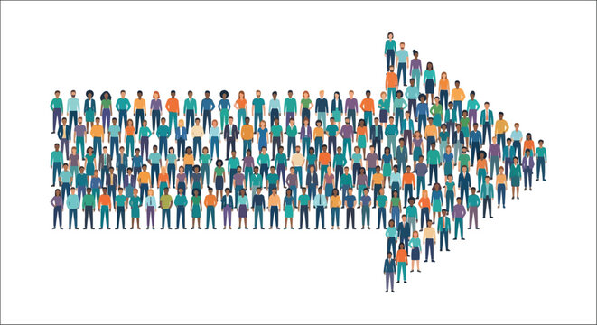 Group of people forming an arrow shape flat vector illustration with a white background crowd