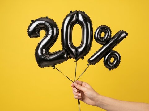 A hand holding glossy black twenty percent discount balloons on yellow background