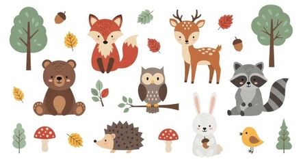 Fototapeta premium Cute Forest Animals Vector Illustration Set with Fox, Bear, Deer, Owl, Raccoon, Hedgehog, Rabbit, and Autumn Leaves
