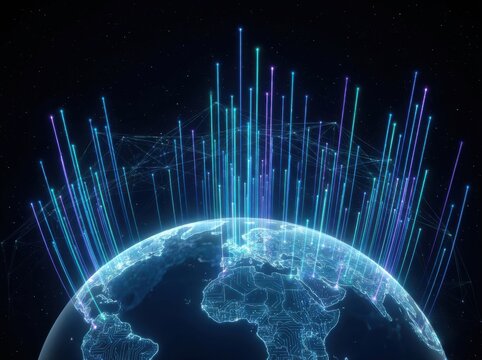 A glowing digital earth connected by vibrant light beams in deep space