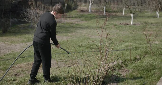Kid Waters Plants in Garden Near House. Caucasian Boy Help Working Around Backyard. 4K 10-bit