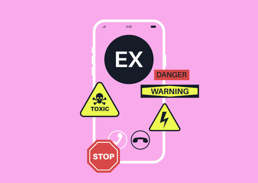 Bright and vivid, the phone showcases various caution symbols, hinting at a toxic ex partner connection, Its captivating design draws attention to the serious message behind past relationships.
