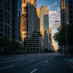 Fototapeta premium Urban Cityscape At Golden Hour With Tall Buildings And Empty Street