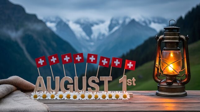 Rustic August 1st Display with Swiss Flags, Daisies and Glowing Lantern on Wooden Table in Misty Alpine Mountains at Blue Hour for Swiss National Day