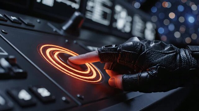 Futuristic sci-fi control panel with glowing interface and tactical glove activation for spacecraft or advanced technology command center