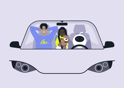 Passengers relax in a driverless car, enjoying their journey, A parent and child share smiles while a friendly robot drives them through a vibrant city.