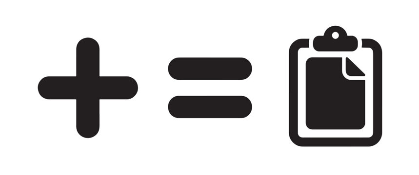 Mathematical addition symbol followed by an equals sign and a clipboard on a white background, for business task, management concepts