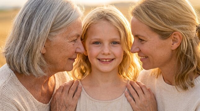 Close up portrait of three generations of women grandmother mother and granddaughter smiling together outdoors
