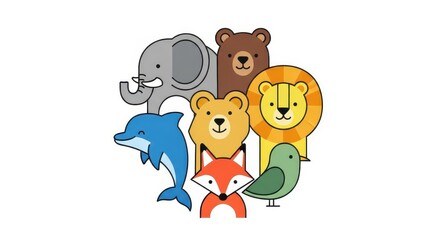Fototapeta premium Cute Cartoon Animal Collection with Elephant, Lion, Bear, Dolphin, Fox, and Bird Vector Illustration on White Background