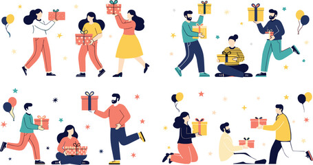 Fototapeta premium Happy People Celebrating and Exchanging Birthday Present Boxes Vector Illustration Character Set for Party Event New Year and Christmas Holiday Media Designs