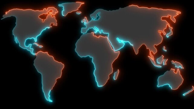 Neon glowing world map icon animation. Dynamic neon world map animation for global business expansion and futuristic technology ideas,