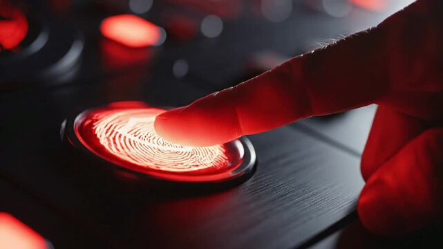 Fingerprint biometric security scan: user accessing secure digital system with glowing shield authentication button for cyber protection