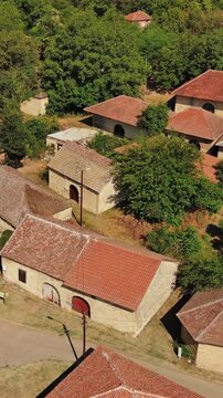 Aerial around view of old rustic vintage houses with wine cellars in Rogljevacke pivnice in Negotin region of Serbia. Vertical video 4k