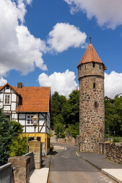 The former watchtower Bleichenturm (Bleaching Tower) is one of several more around the medieval old town of Fritzlar, Hesse, Germany