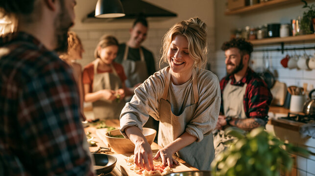 Smiling friends cooking together in a home kitchen during a colorful cooking class with fresh ingredients