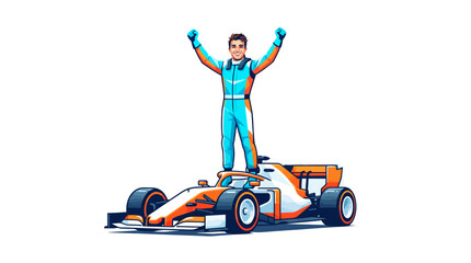 Fototapeta premium Formula one driver celebrating victory on race car with cheering crowd background vector illustration