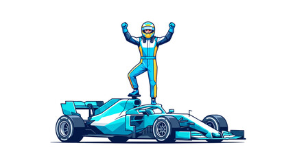 Fototapeta premium Formula 1 race car driver celebrating victory standing on top of blue racing car with arms raised in triumph on white background vector illustration