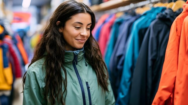 A woman browses colorful jackets on display racks inside a retail store focused on outdoor apparel