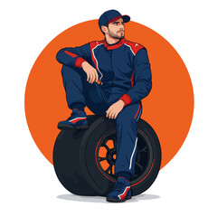 Obraz premium Illustration of a male racing driver sitting on a car tire wearing a blue racing suit and cap against an orange circular background