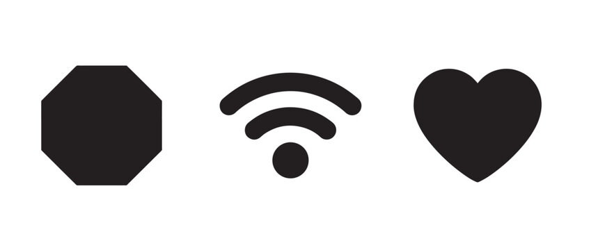 Three black including an octagon shape, a wireless internet signal symbol, and a heart shape isolated on a white background, for user interface