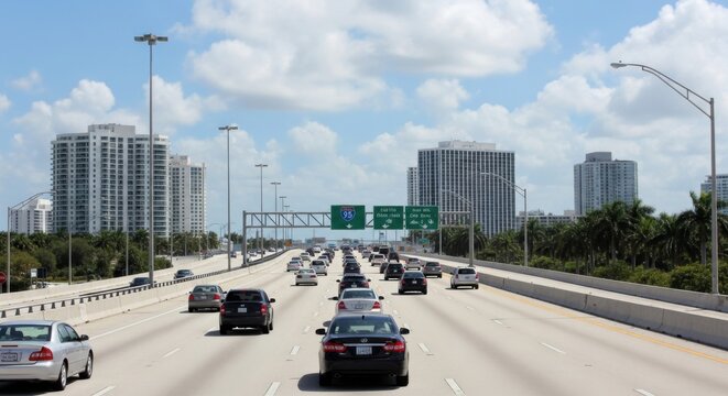 Urban Highway Traffic With Highrise Buildings And Palm Trees