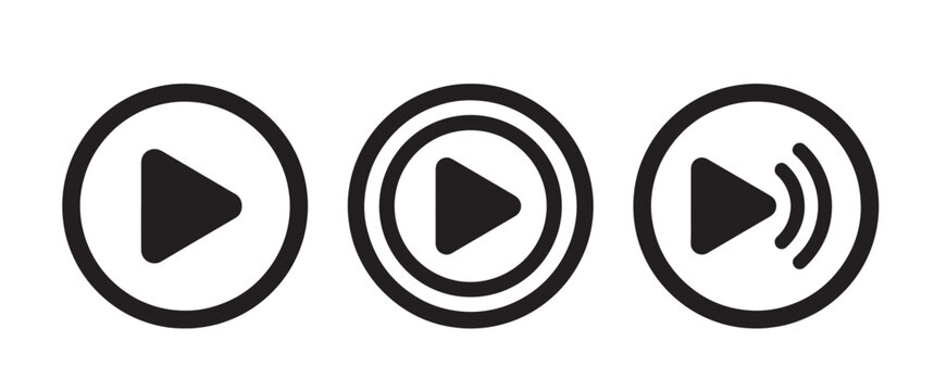 Three black play button in different styles, including a simple triangle in a circle and a pulsing signal, isolated on a white background, for media