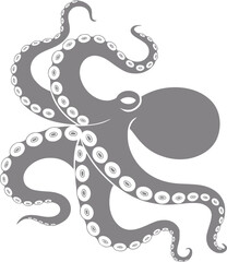Una silueta gris minimalista de un pulpo con ventosas detalladas en sus tentáculos aislada sobre fondo blanco