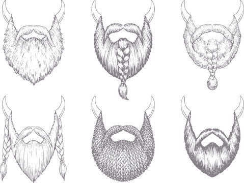 Conjunto de estilos de barba vikinga dibujados a mano con trenzas y bigotes para hombres aislados sobre fondo blanco