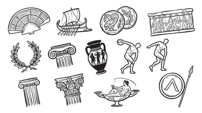 Historical Greek artifacts and classical architecture elements hand drawn vector set.
