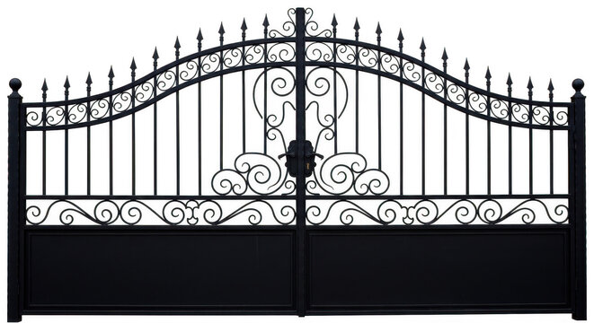 Elegant wrought iron decorative gate with intricate scrollwork design isolated on transparent background