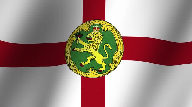 Flag of Alderney: A detailed depiction of the flag of Alderney, featuring the St George's Cross with a green disc bearing a golden lion rampant, symbolizing the island's heritage and identity.