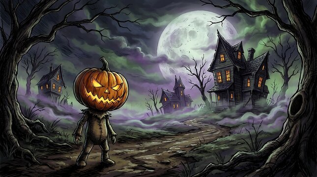 Scarecrow with carved pumpkin head standing on path in haunted village under full moon night in spooky comic art style.