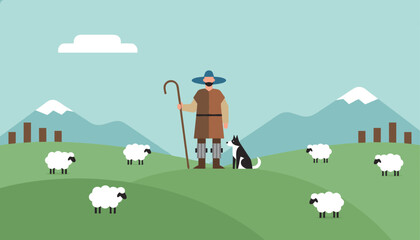 Naklejka premium Shepherd standing with staff and dog amidst flock of sheep in green mountain valley