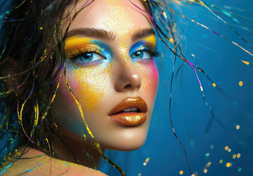 Vibrant face art with colorful makeup and glimmering highlights on a model's face