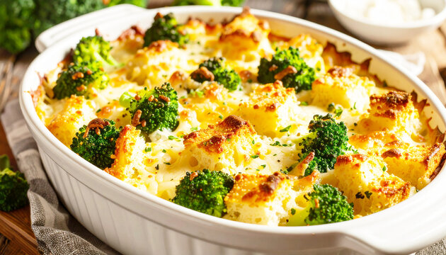 Cheesy bread stuffing dish with broccoli in a casserole dish. AI