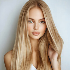 Naklejka premium Portrait of a young woman with long blonde hair and natural makeup against a light background