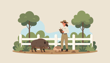 Fototapeta premium Wildlife ranger taking notes on clipboard near wild boar and piglet in nature reserve