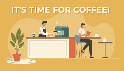 Fototapeta premium Barista serving hot beverage at cafe counter while customer reads book at table