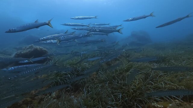 Undersea life - Stripped barracuda shoal in blue sea wate