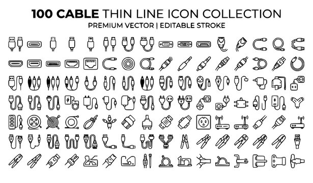 100 Cable Thin Line Icons Collection Editable Stroke USB HDMI Ethernet Power Charger Vector Set