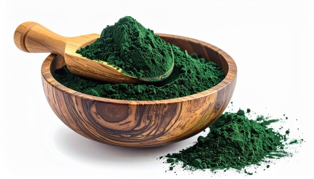 Wooden bowl of spirulina algae powder with wooden spoon isolated on white background