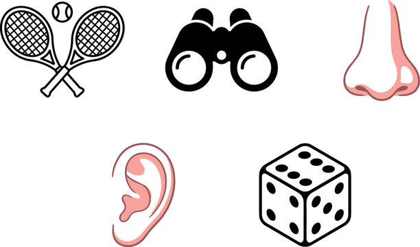 Flat graphic line icon set with tennis rackets binoculars nose ear and board game dice elements vector illustration template