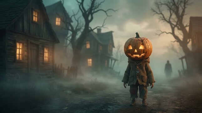 Spooky jack o lantern child costume stands in foggy abandoned village street with glowing windows and bare trees.