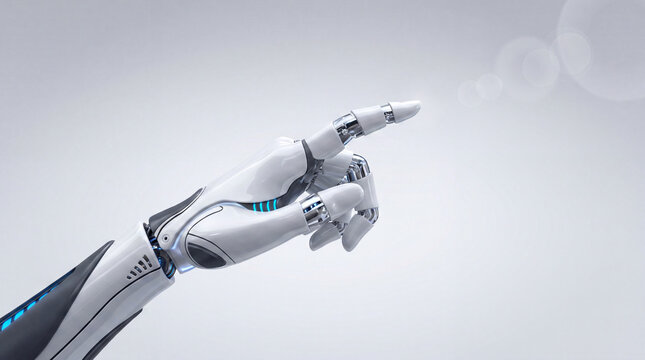 Robot Hand Touching Screen: A futuristic robotic hand with articulated fingers points and interacts with an invisible screen, symbolizing advanced technology and artificial intelligence.