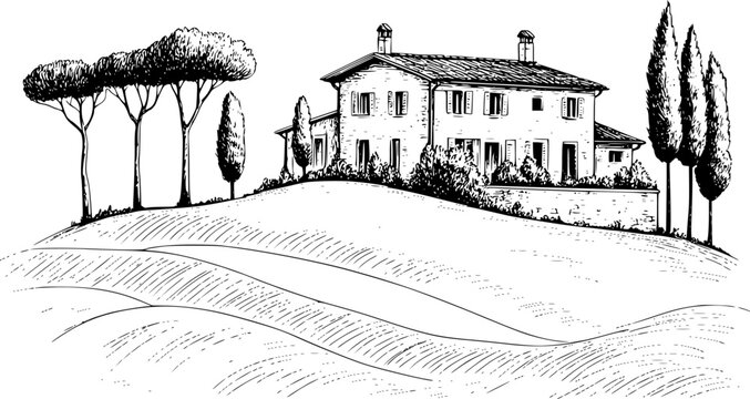 Un dibujo en tinta en blanco y negro de una villa italiana tradicional situada en una ladera ondulada de la Toscana