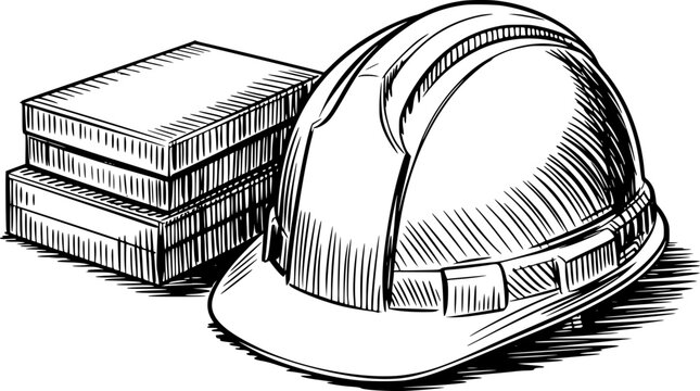 Una l&iacute;nea en blanco y negro que presenta un casco de construcci&oacute;n protector junto a una pila de libros