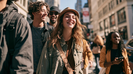Obraz premium Diverse group of smiling friends walking through an urban city street during summer daytime leisure and shopping