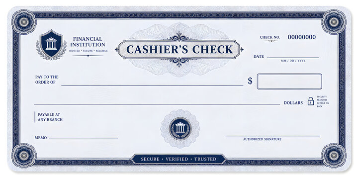 Blank cashier's check ready for financial transactions. Unused bank draft with security features for payments and deposits.