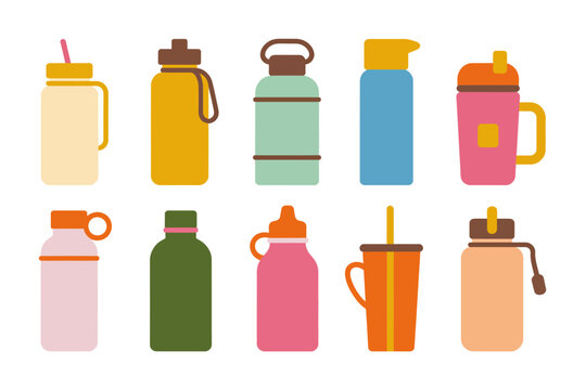 Una colecci&oacute;n de botellas de agua reutilizables coloridas y vasos de viaje en un estilo plano